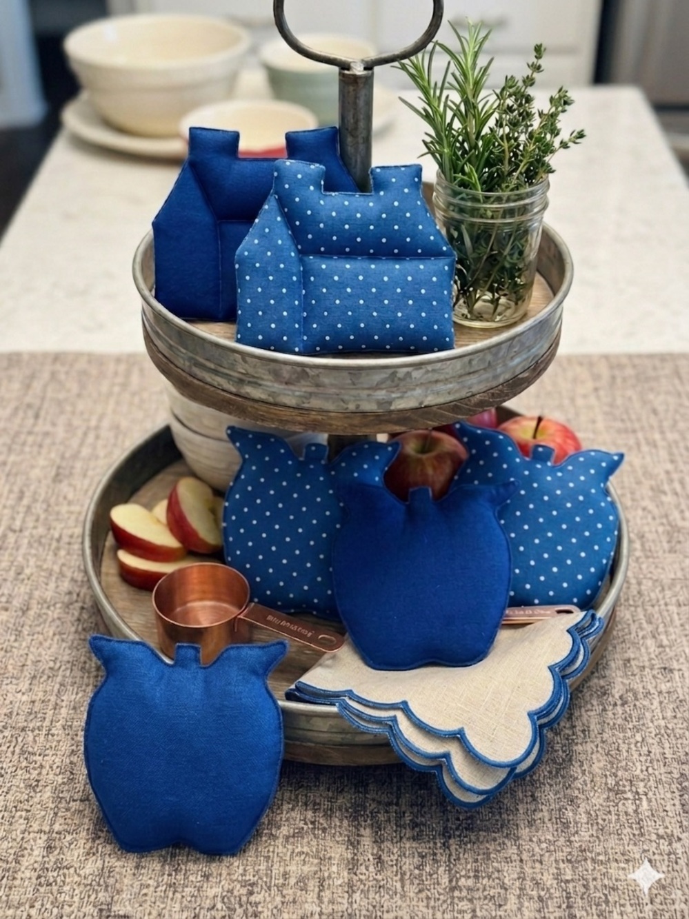 Blue & White Apples & Houses Fabric Décor Set